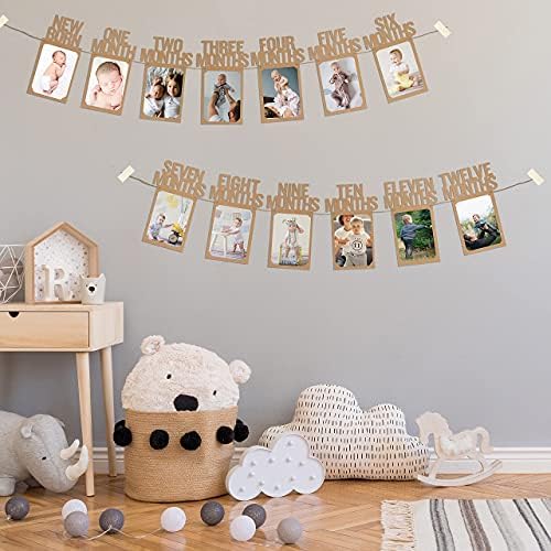 1st Birthday Photo Banner for Baby from Newborn to 12 Months, First Birthday Decorations Boy or Girl Monthly Milestones Garland | 1 Year Old Photo Banner Pre-strung with Frame (Kraft)