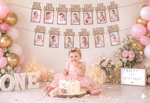 1st Birthday Photo Banner for Baby from Newborn to 12 Months, First Birthday Decorations Boy or Girl Monthly Milestones Garland | 1 Year Old Photo Banner Pre-strung with Frame (Kraft)