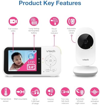Baby Monitor No WiFi – 19Hr Video Battery, 1000ft Range, Night Vision, Two-Way Talk, Temperature Sensor, Sound-Activated Screen, Lullabies | VM819