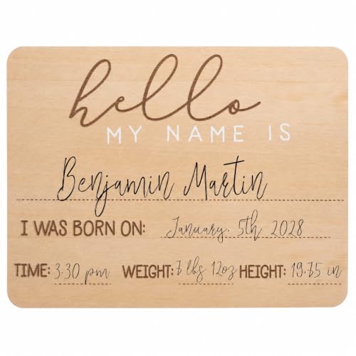 Baby Welcome Sign, Gender-Neutral Hello Baby Arrival Photo Prop, Hospital Birth Announcement, Newborn Birth Stats Board Photo Prop, 8.25" x 11", Wood