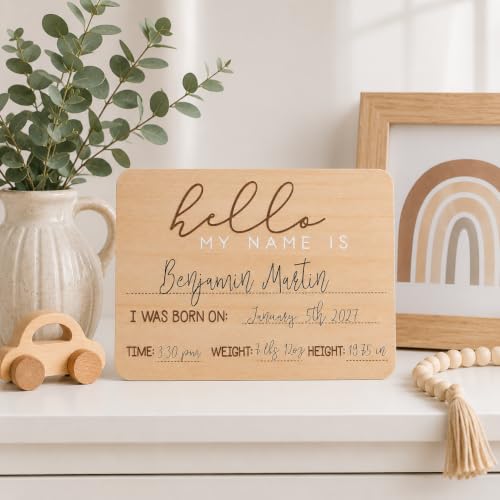 Baby Welcome Sign, Gender-Neutral Hello Baby Arrival Photo Prop, Hospital Birth Announcement, Newborn Birth Stats Board Photo Prop, 8.25" x 11", Wood
