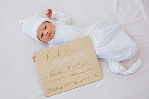 Baby Welcome Sign, Gender-Neutral Hello Baby Arrival Photo Prop, Hospital Birth Announcement, Newborn Birth Stats Board Photo Prop, 8.25" x 11", Wood