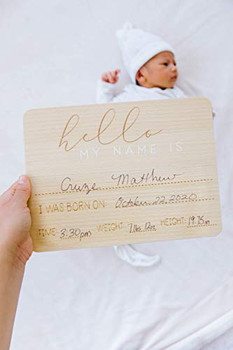 Baby Welcome Sign, Gender-Neutral Hello Baby Arrival Photo Prop, Hospital Birth Announcement, Newborn Birth Stats Board Photo Prop, 8.25" x 11", Wood