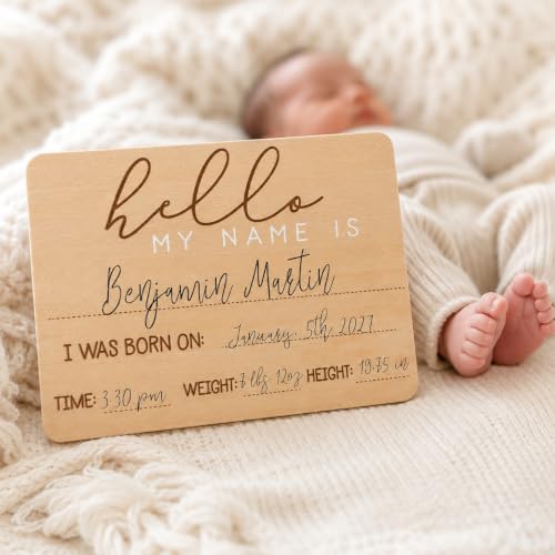 Baby Welcome Sign, Gender-Neutral Hello Baby Arrival Photo Prop, Hospital Birth Announcement, Newborn Birth Stats Board Photo Prop, 8.25" x 11", Wood