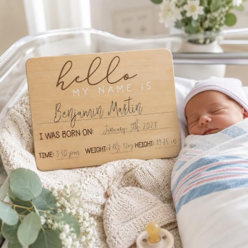 Baby Welcome Sign, Gender-Neutral Hello Baby Arrival Photo Prop, Hospital Birth Announcement, Newborn Birth Stats Board Photo Prop, 8.25" x 11", Wood