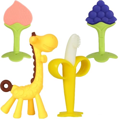 Baby Teething Toys 3-6 Months, Baby Chew Teether Freezer BPA Free, Babies Teething Relief for Infants, Banana Toothbrush, Fruit Shape Giraffe Newborn Teether Gift for Baby Boy and Girl