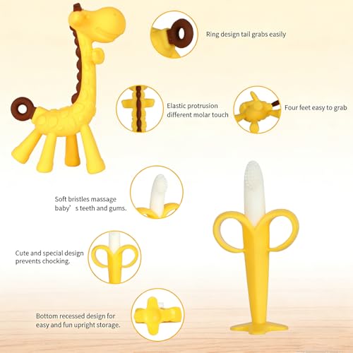 Baby Teething Toys 3-6 Months, Baby Chew Teether Freezer BPA Free, Babies Teething Relief for Infants, Banana Toothbrush, Fruit Shape Giraffe Newborn Teether Gift for Baby Boy and Girl