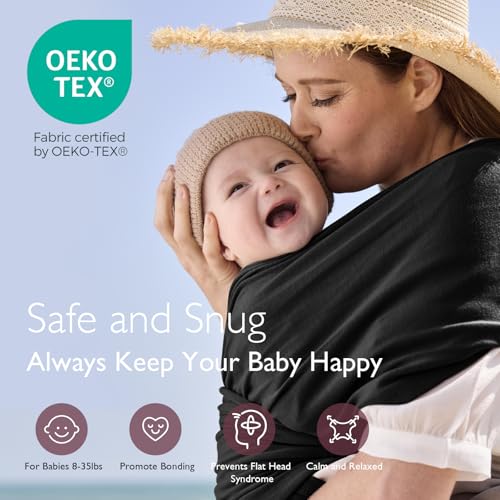 Baby Wrap Carrier, Easy to Wear Infant Carrier Slings, Lightweight Hands Free Baby Sling, Adjustable Baby Carriers for Newborn to Toddler 8-35 lbs, Black