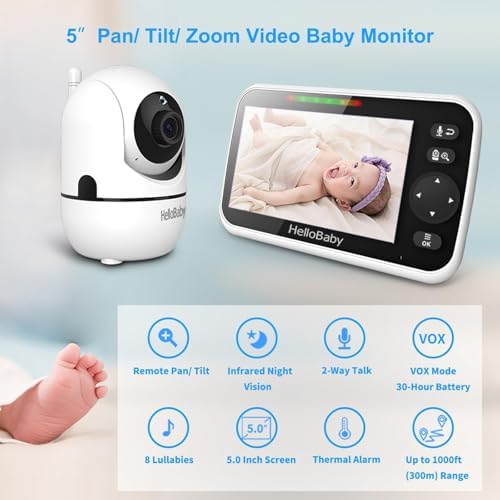 No WiFi Baby Monitor 5" Screen 30-Hour Battery Pan-Tilt-Zoom Video Upgrade with Camera and Audio, Night Vision, VOX, 2-Way Talk, 8 Lullabies and 1000ft Range,