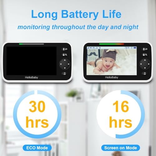 No WiFi Baby Monitor 5" Screen 30-Hour Battery Pan-Tilt-Zoom Video Upgrade with Camera and Audio, Night Vision, VOX, 2-Way Talk, 8 Lullabies and 1000ft Range,