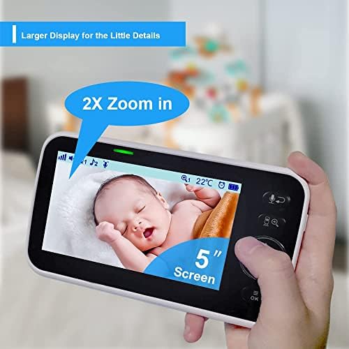 No WiFi Baby Monitor 5" Screen 30-Hour Battery Pan-Tilt-Zoom Video Upgrade with Camera and Audio, Night Vision, VOX, 2-Way Talk, 8 Lullabies and 1000ft Range,