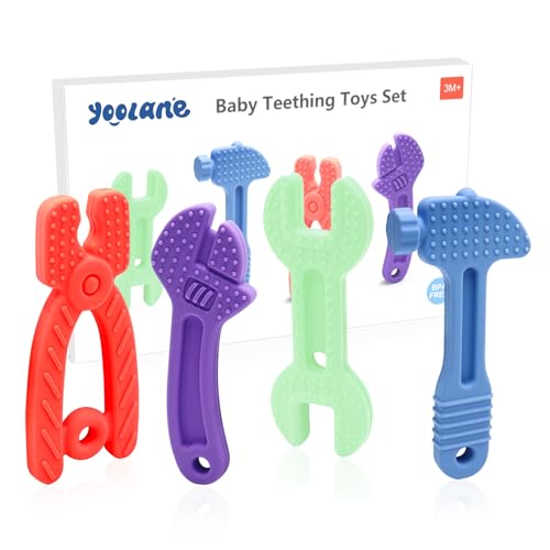 Baby Teething Toys, Silicone Teether for Babies 3 6 12 18 Months, Tools Set Baby Teether Sensory Chew Toys for Toodler Infant, Newborn Stuff Essential Gift, BPA Free (4 Pieces)