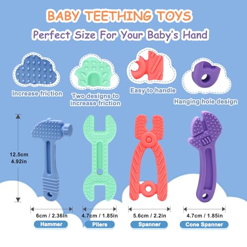 Baby Teething Toys, Silicone Teether for Babies 3 6 12 18 Months, Tools Set Baby Teether Sensory Chew Toys for Toodler Infant, Newborn Stuff Essential Gift, BPA Free (4 Pieces)