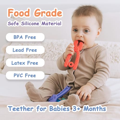 Baby Teething Toys, Silicone Teether for Babies 3 6 12 18 Months, Tools Set Baby Teether Sensory Chew Toys for Toodler Infant, Newborn Stuff Essential Gift, BPA Free (4 Pieces)
