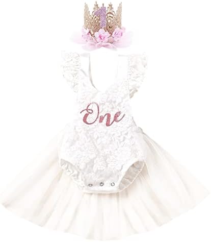 Baby Girl 1st Birthday Outfit Lace Tulle Romper Princess Tutu Dress Headband Shiny ONE Cake Smash Photo Shoot Clothes