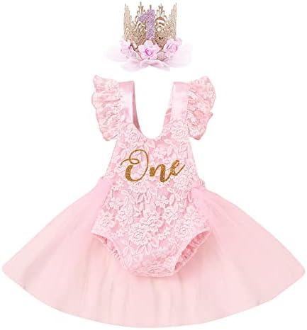 Baby Girl 1st Birthday Outfit Lace Tulle Romper Princess Tutu Dress Headband Shiny ONE Cake Smash Photo Shoot Clothes