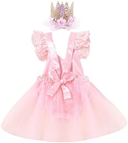 Baby Girl 1st Birthday Outfit Lace Tulle Romper Princess Tutu Dress Headband Shiny ONE Cake Smash Photo Shoot Clothes