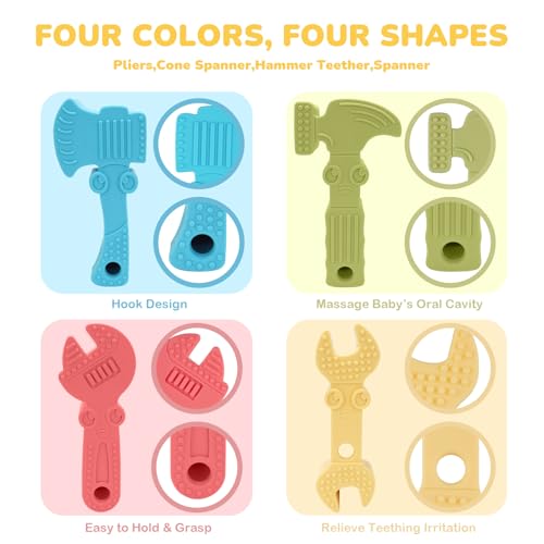 Baby Teething Toys for Babies 0-6 Months 6-12 Months, BPA Free Silicone Baby Molar Teether Chew Toys, Hammer Wrench Spanner Pliers for Boys Girls, Soft-Textured, Easy to Hold & Clean, 4 Packs