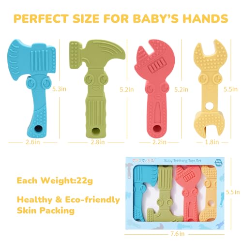 Baby Teething Toys for Babies 0-6 Months 6-12 Months, BPA Free Silicone Baby Molar Teether Chew Toys, Hammer Wrench Spanner Pliers for Boys Girls, Soft-Textured, Easy to Hold & Clean, 4 Packs