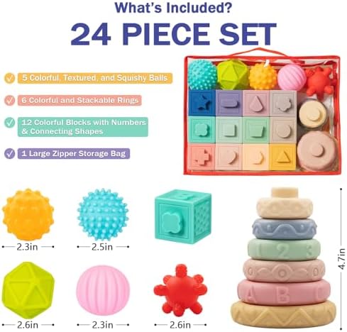 Baby Toys 6-12 Months, Montessori Toy for Babies 6-12 Months, Incl Stacking Building Blocks & Soft Infant Teething Toys & Sensory Balls for Toddlers 0-3-6-9-12 Month