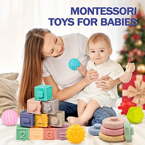 Baby Toys 6-12 Months, Montessori Toy for Babies 6-12 Months, Incl Stacking Building Blocks & Soft Infant Teething Toys & Sensory Balls for Toddlers 0-3-6-9-12 Month