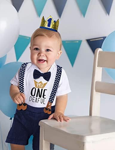 Baby Boy First Birthday Outfit Mr Onederful Bowtie Romper + Suspender Shorts+ Party Hat Cake Smash Outfits