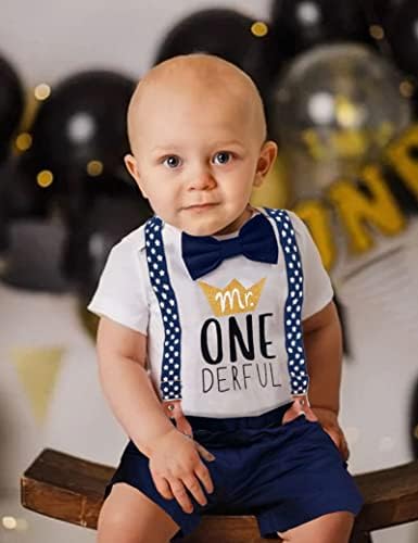 Baby Boy First Birthday Outfit Mr Onederful Bowtie Romper + Suspender Shorts+ Party Hat Cake Smash Outfits