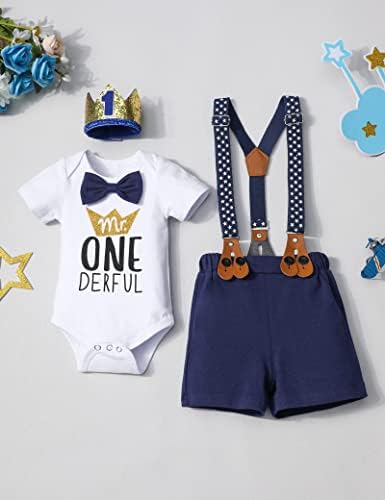 Baby Boy First Birthday Outfit Mr Onederful Bowtie Romper + Suspender Shorts+ Party Hat Cake Smash Outfits
