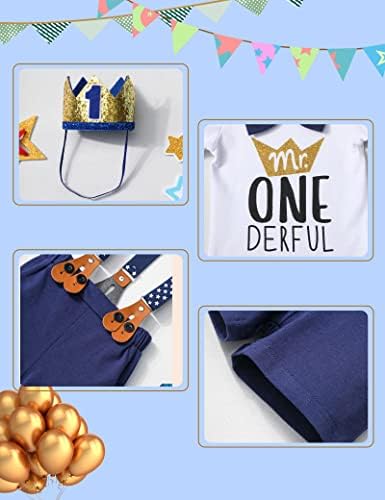 Baby Boy First Birthday Outfit Mr Onederful Bowtie Romper + Suspender Shorts+ Party Hat Cake Smash Outfits