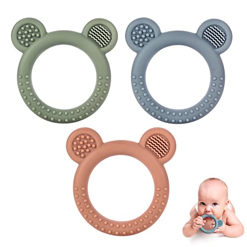 Baby Teething Toys Set of 3, Teethers for Babies 3-6 6-12 Months, BPA Free Soft and Textured Bear Teething Rings Silicone Teething Relief Soothing Sore Gums Baby Chew Toys