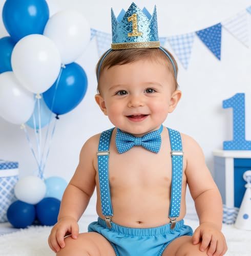 Baby Boys First Birthday Cake Smash Outfit Bow Tie Suspenders Bloomers Birthday Hat Sparkle Gold Set