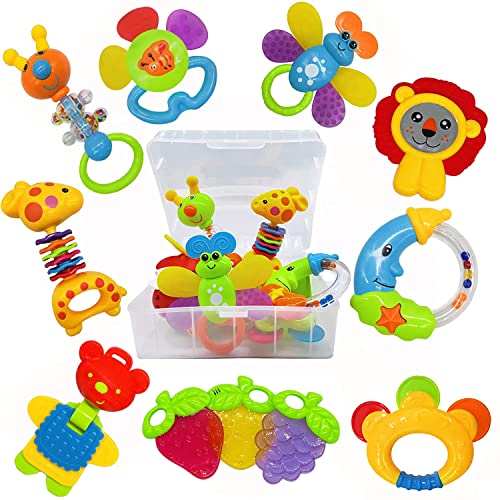 Baby Toys 0-6 Months Infant Toys 0-3 Months Infant Rattles Baby Rattle Teether Toy Set with Storage Box Musical rattles for Newborn Boy Girl Gifts Set with Baby's First Rattle Teether (11pcs)