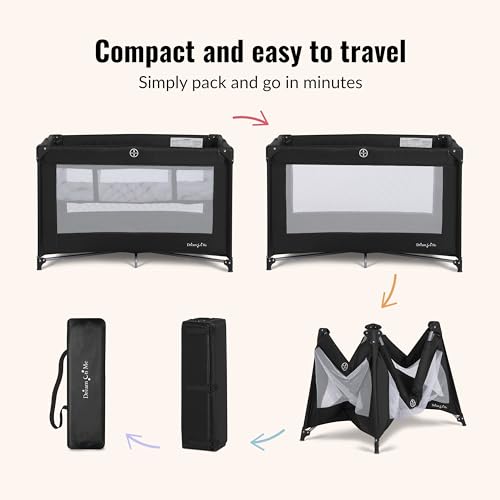 Zazzy Portable Playard with Bassinet in Black, Lightweight Packable and Easy Setup Baby Playard with Mattress and Travel Bag