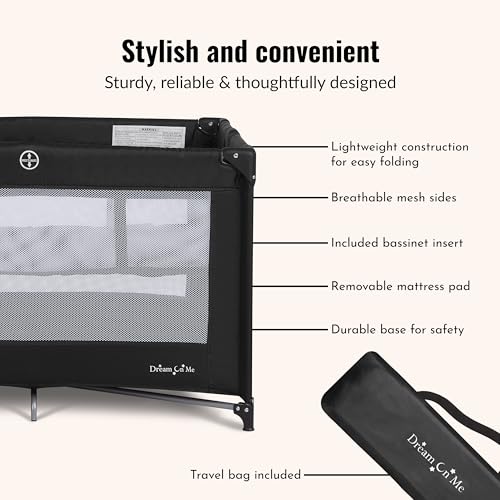 Zazzy Portable Playard with Bassinet in Black, Lightweight Packable and Easy Setup Baby Playard with Mattress and Travel Bag