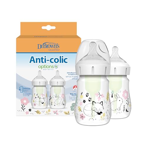 Anti-Colic Options+ Wide-Neck Baby Bottle Designer Edition Bottles, Woodland Decos, 5 oz/150 mL, Level 1 Nipple, 0m+, 2-Pack