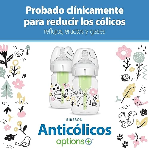 Anti-Colic Options+ Wide-Neck Baby Bottle Designer Edition Bottles, Woodland Decos, 5 oz/150 mL, Level 1 Nipple, 0m+, 2-Pack