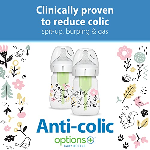 Anti-Colic Options+ Wide-Neck Baby Bottle Designer Edition Bottles, Woodland Decos, 5 oz/150 mL, Level 1 Nipple, 0m+, 2-Pack