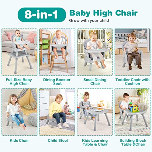 Baby High Chair, 8 in 1 Convertible Highchair for Babies & Toddlers | Booster Seat | Table and Chair Set | Building Block Table | Toddler Chair with Safety Harness, Removable Tray (Gray)