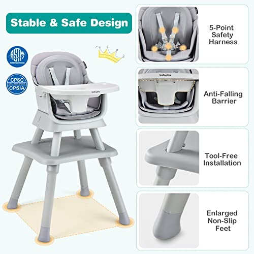 Baby High Chair, 8 in 1 Convertible Highchair for Babies & Toddlers | Booster Seat | Table and Chair Set | Building Block Table | Toddler Chair with Safety Harness, Removable Tray (Gray)