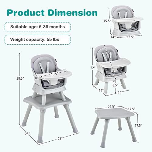 Baby High Chair, 8 in 1 Convertible Highchair for Babies & Toddlers | Booster Seat | Table and Chair Set | Building Block Table | Toddler Chair with Safety Harness, Removable Tray (Gray)