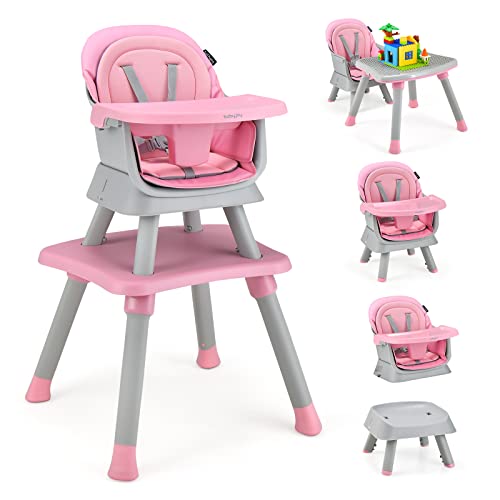 Baby High Chair, 8 in 1 Convertible Highchair for Babies & Toddlers | Booster Seat | Table and Chair Set | Building Block Table | Toddler Chair with Safety Harness, Removable Tray (Pink)