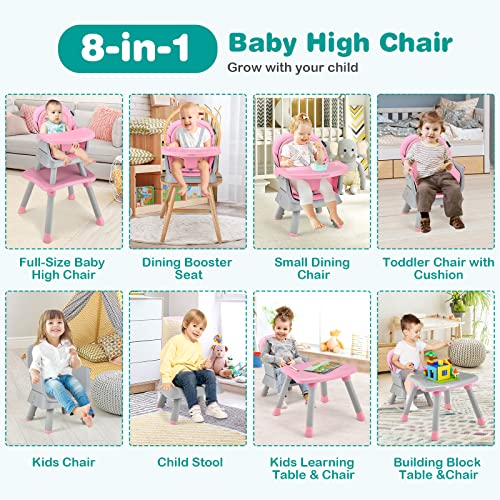 Baby High Chair, 8 in 1 Convertible Highchair for Babies & Toddlers | Booster Seat | Table and Chair Set | Building Block Table | Toddler Chair with Safety Harness, Removable Tray (Pink)