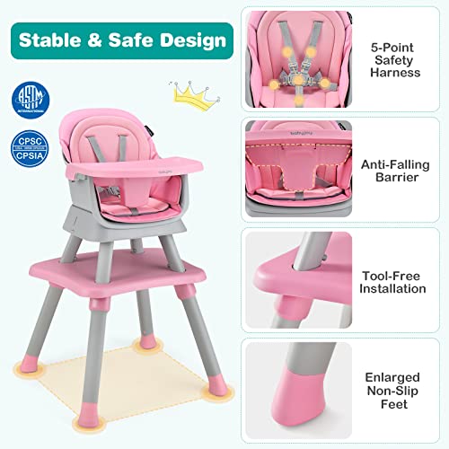 Baby High Chair, 8 in 1 Convertible Highchair for Babies & Toddlers | Booster Seat | Table and Chair Set | Building Block Table | Toddler Chair with Safety Harness, Removable Tray (Pink)