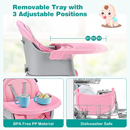 Baby High Chair, 8 in 1 Convertible Highchair for Babies & Toddlers | Booster Seat | Table and Chair Set | Building Block Table | Toddler Chair with Safety Harness, Removable Tray (Pink)