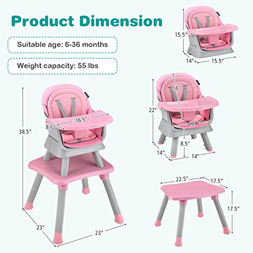 Baby High Chair, 8 in 1 Convertible Highchair for Babies & Toddlers | Booster Seat | Table and Chair Set | Building Block Table | Toddler Chair with Safety Harness, Removable Tray (Pink)
