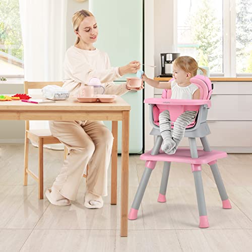 Baby High Chair, 8 in 1 Convertible Highchair for Babies & Toddlers | Booster Seat | Table and Chair Set | Building Block Table | Toddler Chair with Safety Harness, Removable Tray (Pink)