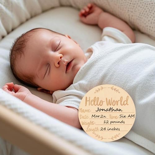 Wooden Baby Announcement Sign, 5.9Inches Hello World Newborn Signs, Double Sided Birth Announcement Sign, Lovely Babies Name Plaques for Photo Prop Ba-by Shower Hospital Nursery Gift.