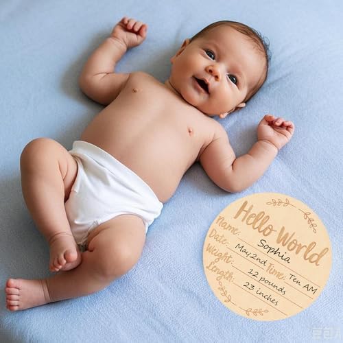 Wooden Baby Announcement Sign, 5.9Inches Hello World Newborn Signs, Double Sided Birth Announcement Sign, Lovely Babies Name Plaques for Photo Prop Ba-by Shower Hospital Nursery Gift.
