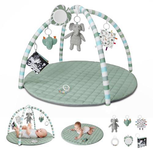 Baby Play Gym Mat, Play Mat Activity Mat with 6 Detachable Toys for Stage-Based Sensory & Motor Skill Development, Easy to Install & Clean, Baby Essentials Gift, Sage Green