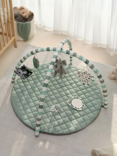 Baby Play Gym Mat, Play Mat Activity Mat with 6 Detachable Toys for Stage-Based Sensory & Motor Skill Development, Easy to Install & Clean, Baby Essentials Gift, Sage Green